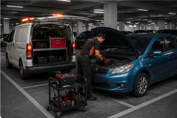 Mechanic replacing a car battery onsite in Singapore at dusk