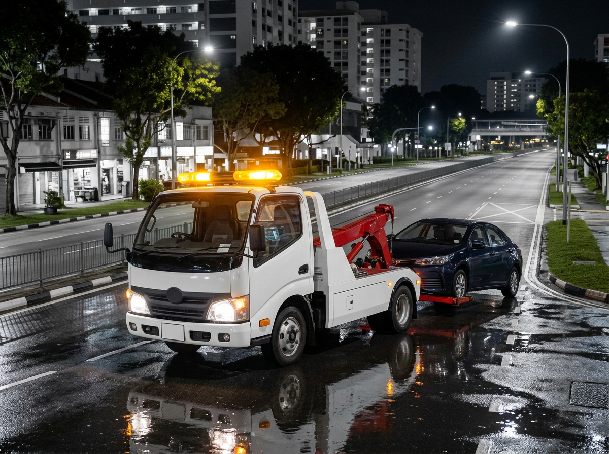 White tow truck with amber strobes towing a sedan on a wet Singapore street at night