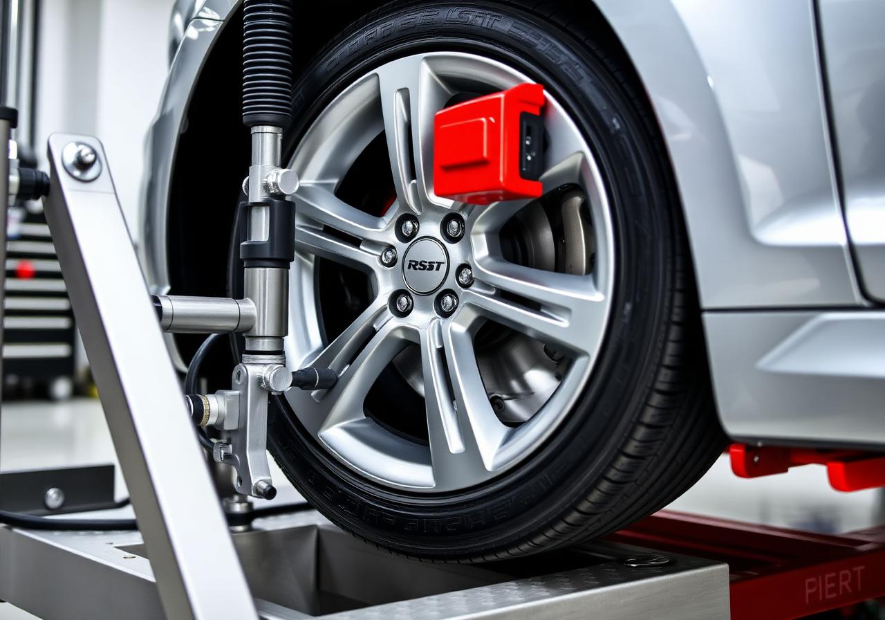 Wheel alignment rig clamped to a silver sedan wheel