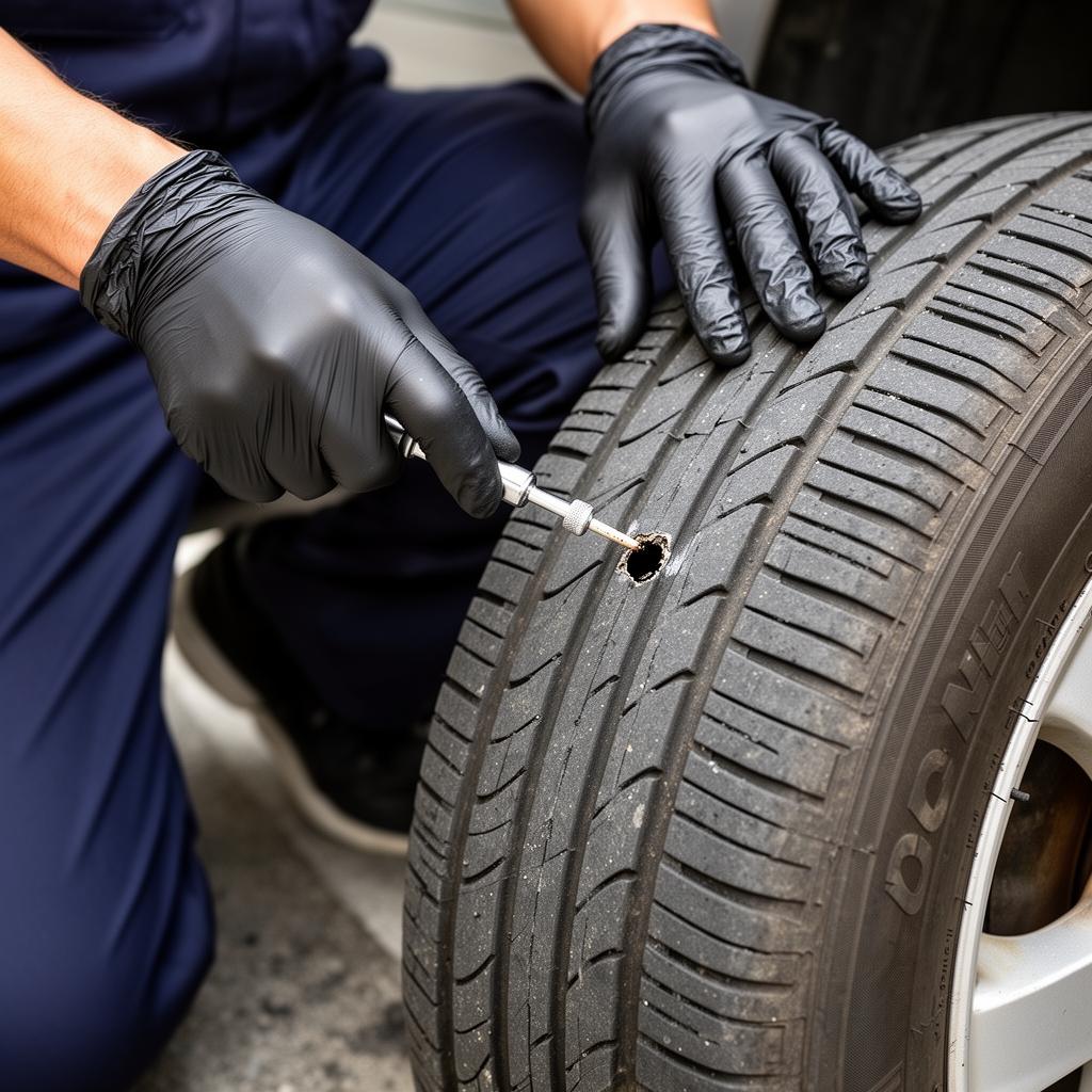 Mechanic patching a punctured tyre on a Singapore roadside