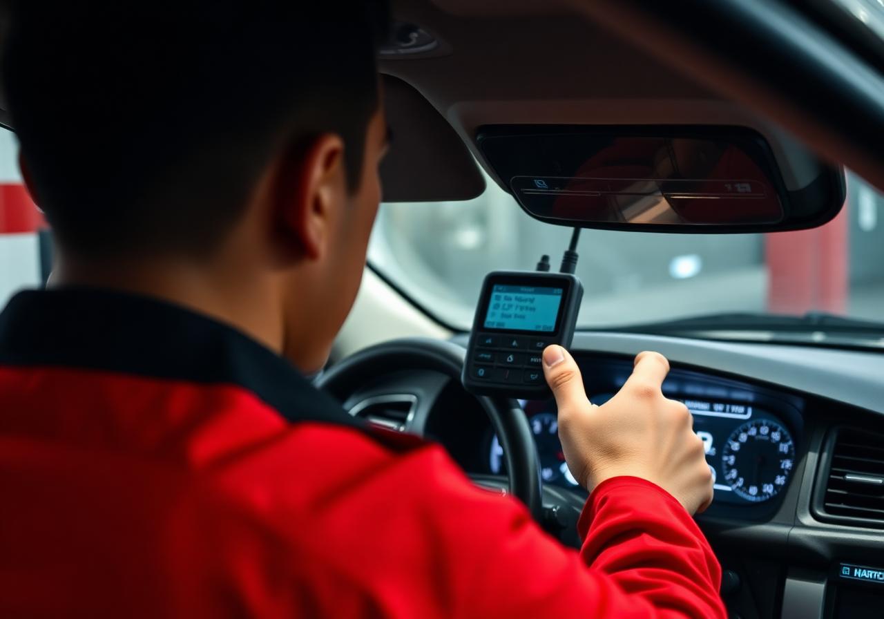 Mechanic running OBD diagnostic scan on a car