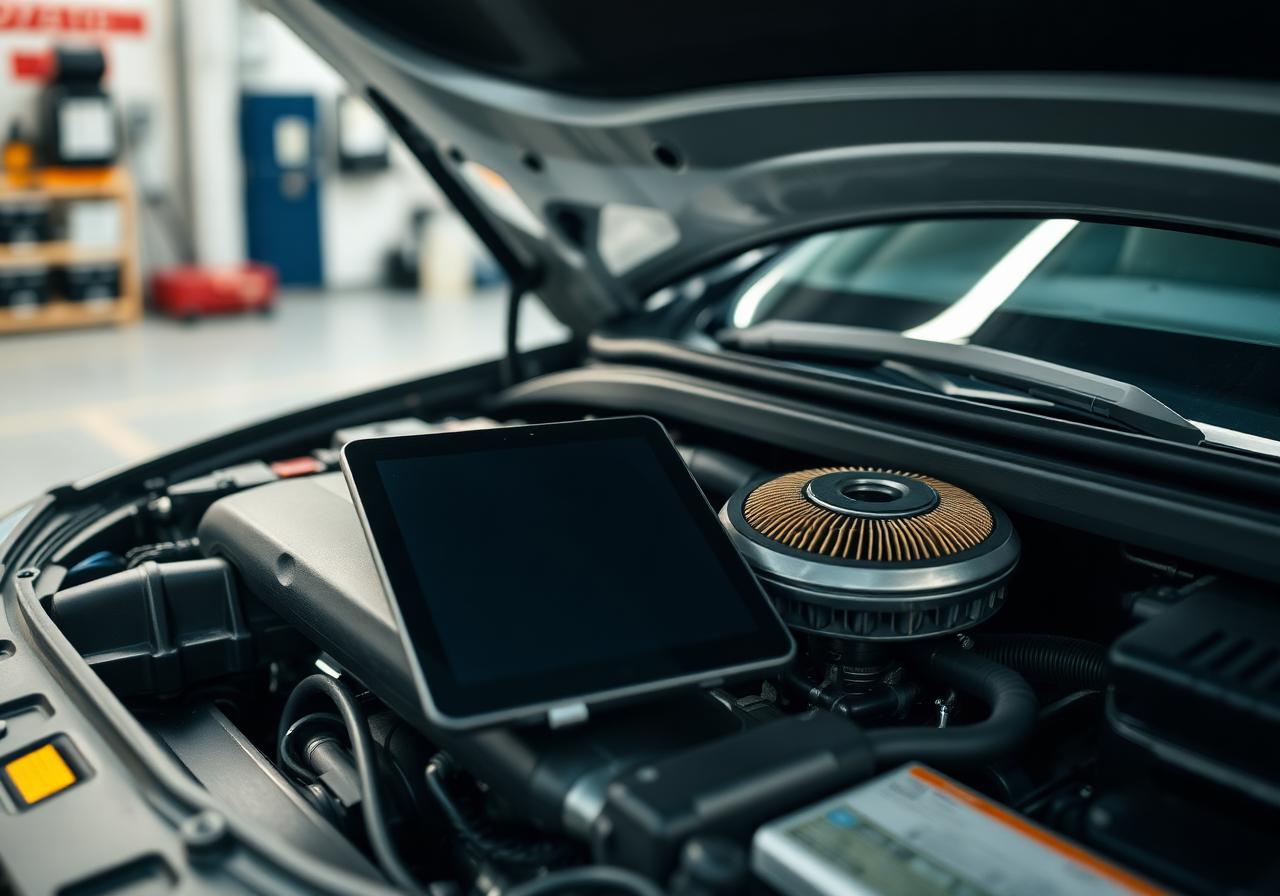 Mechanic servicing an engine bay with diagnostic tablet