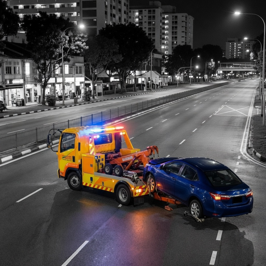 Red flatbed tow truck loading a silver car at night