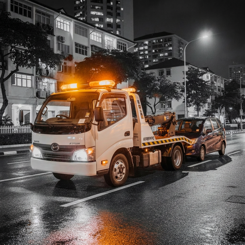 Red flatbed tow truck with emergency lights on a Singapore highway at night