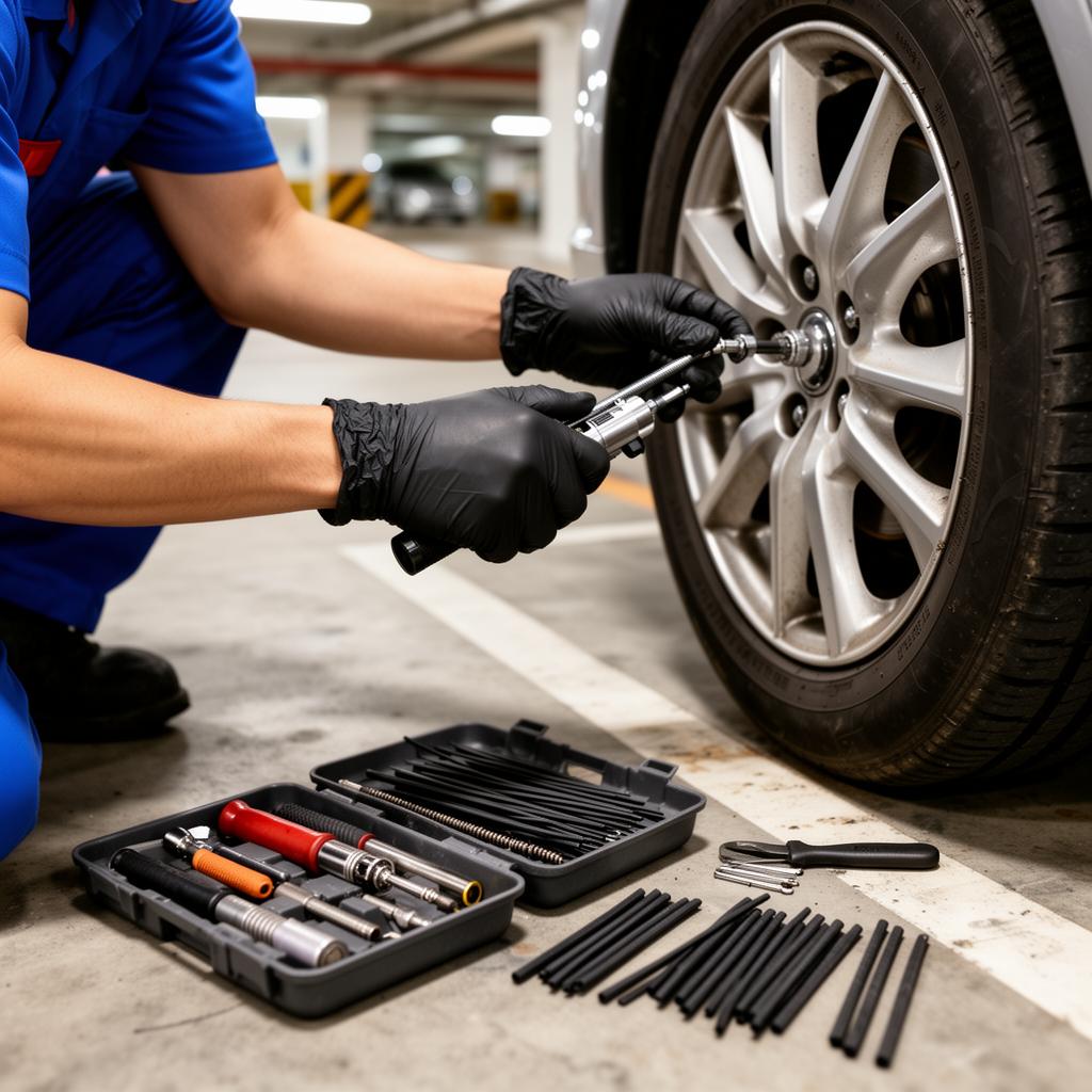 Mechanic performing on-site tyre replacement